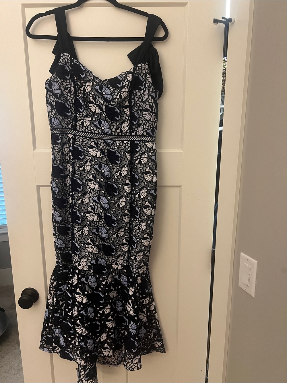 Monique Lhuillier Black Floral Midi Dress with White and Light Blue Accents